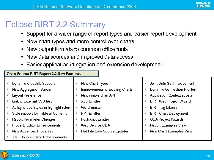 IBM Rational Software Development Conference 2008 Eclipse BIRT 2. 2 Summary • • •