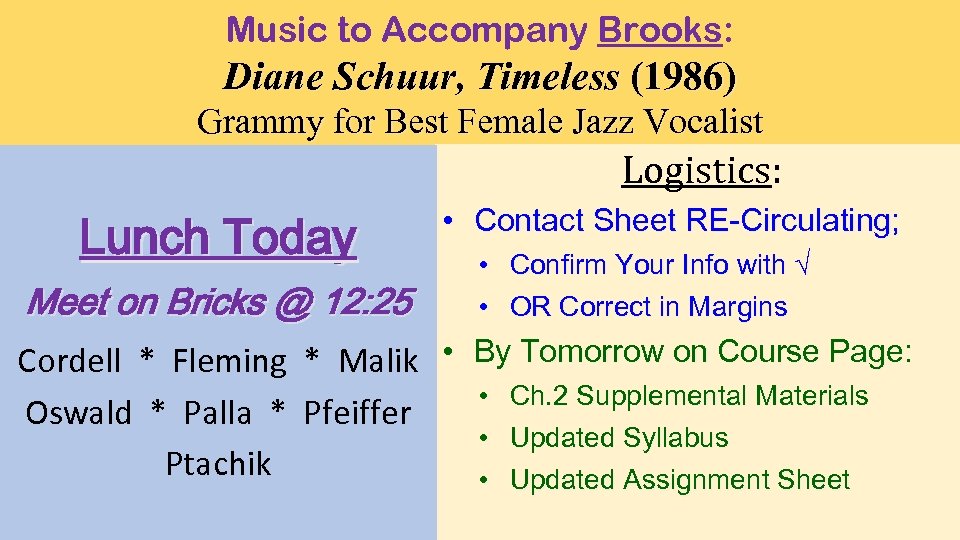 Music to Accompany Brooks: Diane Schuur, Timeless (1986) Grammy for Best Female Jazz Vocalist