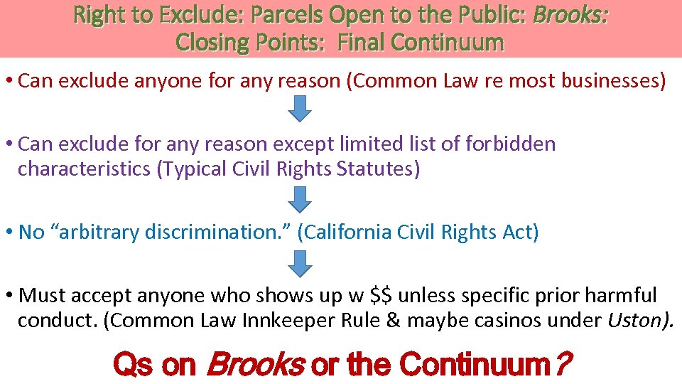 Right to Exclude: Parcels Open to the Public: Brooks: Closing Points: Final Continuum •