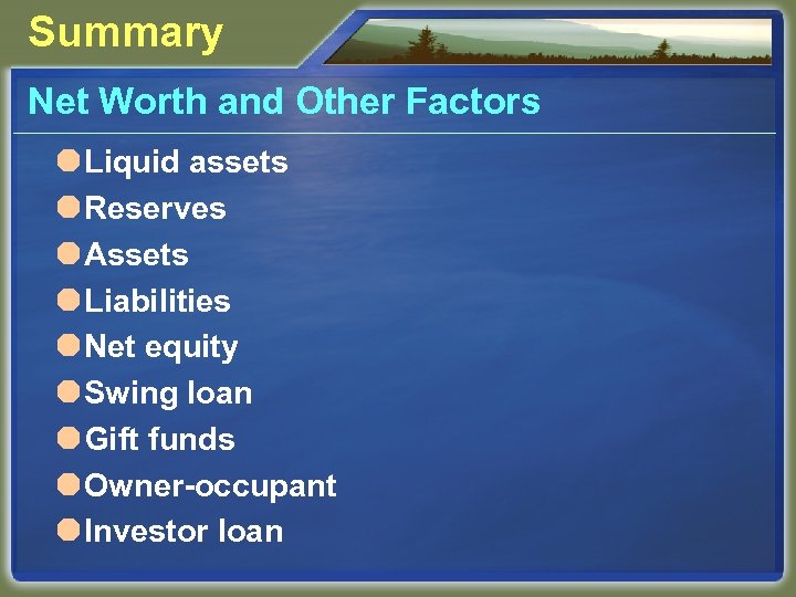 Summary Net Worth and Other Factors ÄLiquid assets ÄReserves ÄAssets ÄLiabilities ÄNet equity ÄSwing