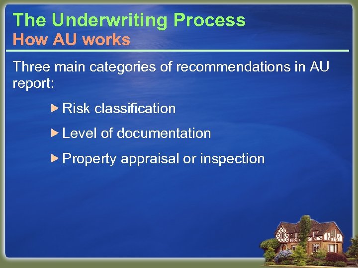 The Underwriting Process How AU works Three main categories of recommendations in AU report: