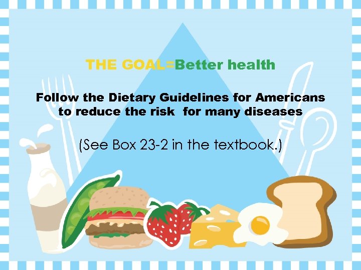 THE GOAL=Better health Follow the Dietary Guidelines for Americans to reduce the risk for