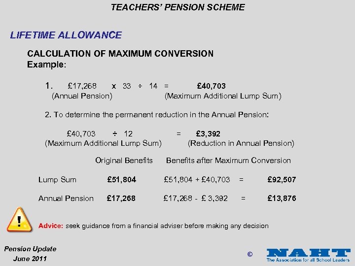 TEACHERS’ PENSION SCHEME LIFETIME ALLOWANCE CALCULATION OF MAXIMUM CONVERSION Example: 1. £ 17, 268