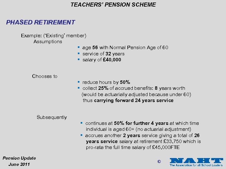 TEACHERS’ PENSION SCHEME PHASED RETIREMENT Example: (‘Existing’ member) Assumptions § age 56 with Normal