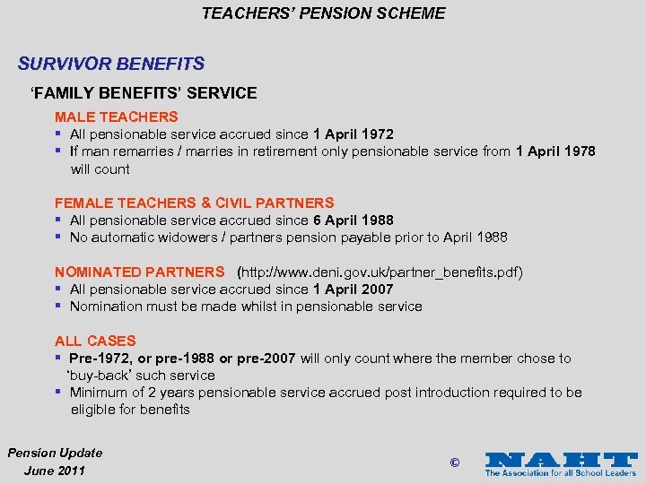 TEACHERS’ PENSION SCHEME SURVIVOR BENEFITS ‘FAMILY BENEFITS’ SERVICE MALE TEACHERS § All pensionable service