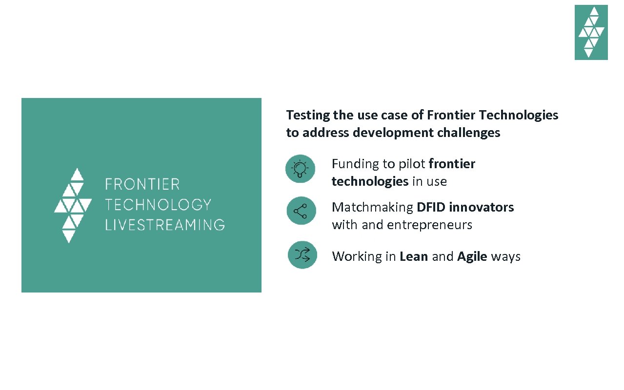Testing the use case of Frontier Technologies to address development challenges Funding to pilot