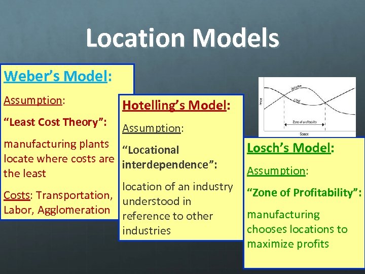 Location Models Weber’s Model: Assumption: “Least Cost Theory”: Hotelling’s Model: Assumption: manufacturing plants “Locational