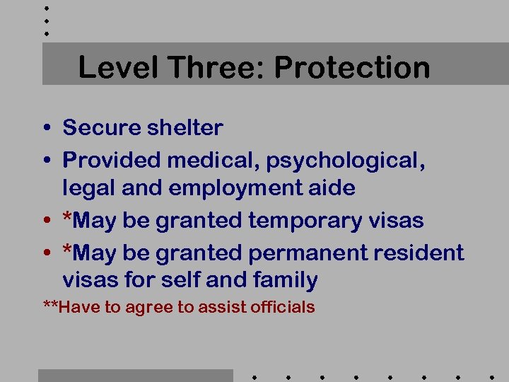 Level Three: Protection • Secure shelter • Provided medical, psychological, legal and employment aide