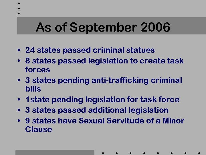 As of September 2006 • 24 states passed criminal statues • 8 states passed