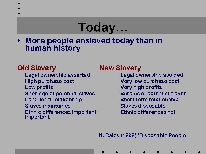 Today… • More people enslaved today than in human history Old Slavery Legal ownership