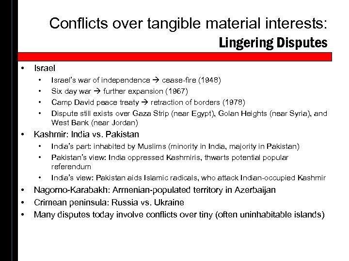 Conflicts over tangible material interests: Lingering Disputes • Israel • • • Kashmir: India