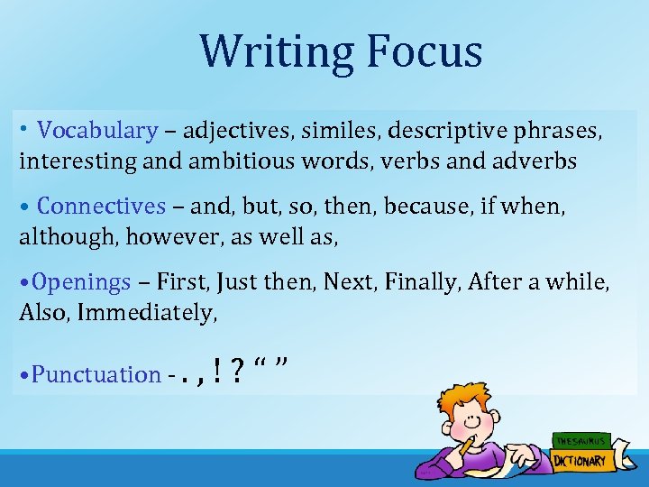 Writing Focus • Vocabulary – adjectives, similes, descriptive phrases, interesting and ambitious words, verbs