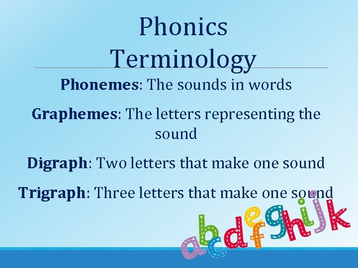 Phonics Terminology Phonemes: The sounds in words Graphemes: The letters representing the sound Digraph: