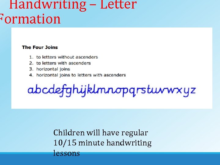 Handwriting – Letter Formation Children will have regular 10/15 minute handwriting lessons 