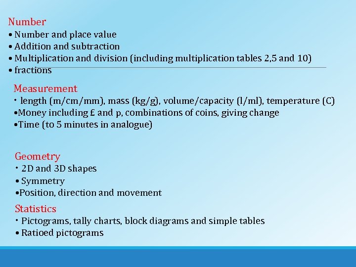 Number • Number and place value • Addition and subtraction • Multiplication and division