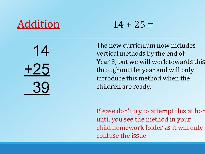 Addition 14 +25 39 14 + 25 = The new curriculum now includes vertical