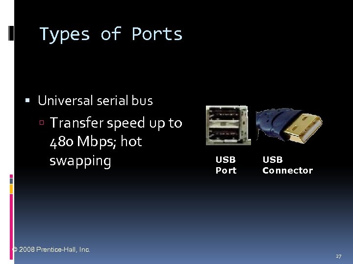 Types of Ports Universal serial bus Transfer speed up to 480 Mbps; hot swapping
