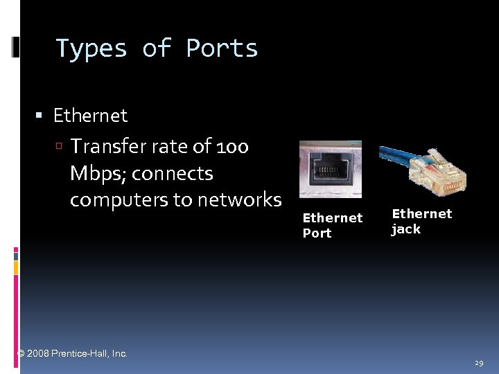 Types of Ports Ethernet Transfer rate of 100 Mbps; connects computers to networks ©