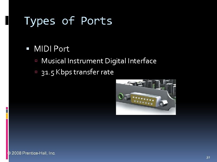 Types of Ports MIDI Port Musical Instrument Digital Interface 31. 5 Kbps transfer rate