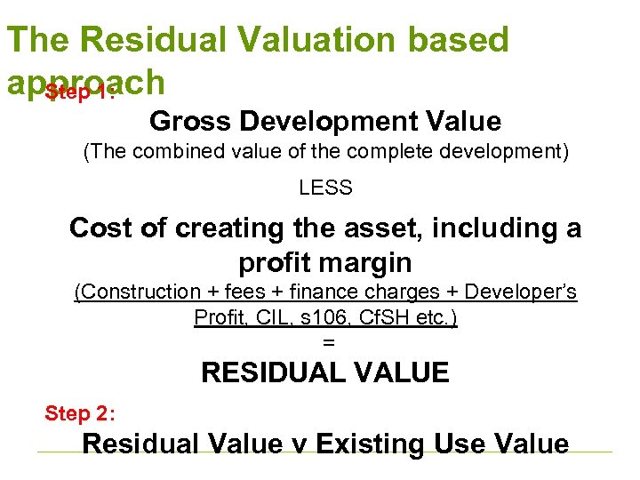 The Residual Valuation based approach Step 1: Gross Development Value (The combined value of