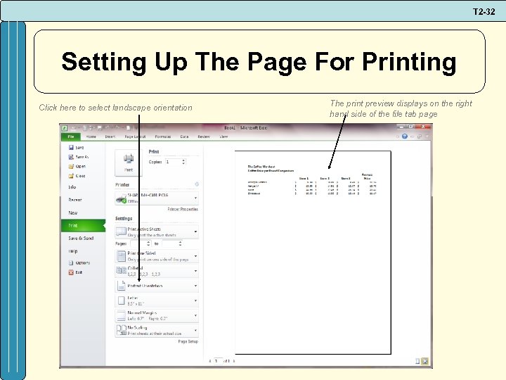 T 2 -32 Setting Up The Page For Printing Click here to select landscape