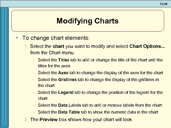 T 2 -56 Modifying Charts • To change chart elements: 1. Select the chart