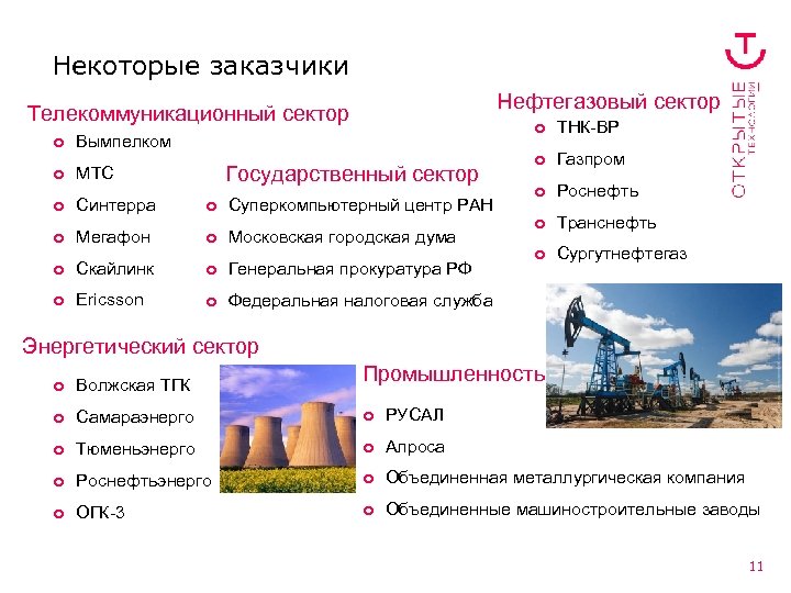 Некоторые заказчики Нефтегазовый сектор Телекоммуникационный сектор ¢ ¢ МТС ¢ Вымпелком ¢ Синтерра Государственный