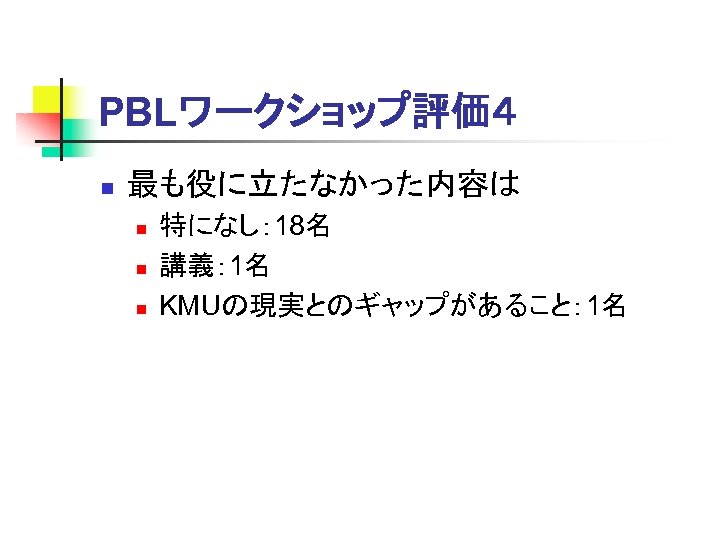 PBLワークショップ評価４ n 最も役に立たなかった内容は n n n 特になし： 18名 講義： 1名 KMUの現実とのギャップがあること： 1名 
