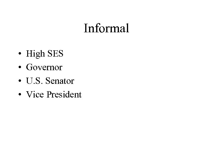 Informal • • High SES Governor U. S. Senator Vice President 