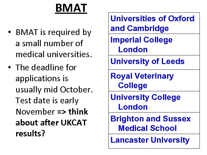 BMAT • BMAT is required by a small number of medical universities. • The