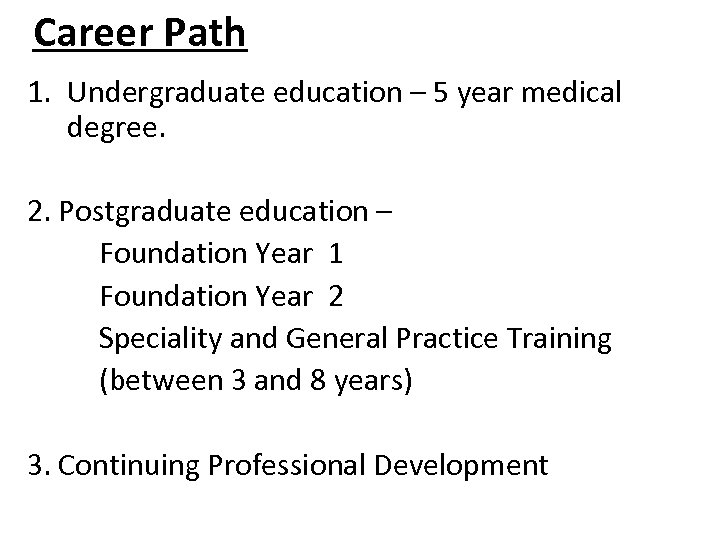 Career Path 1. Undergraduate education – 5 year medical degree. 2. Postgraduate education –