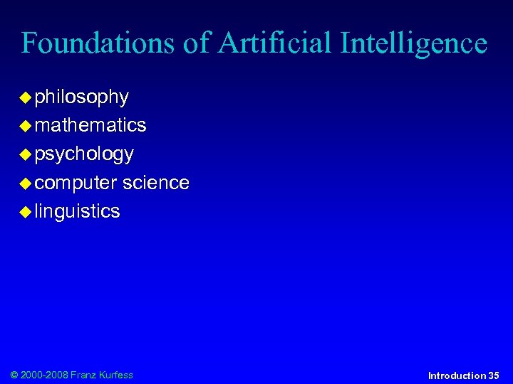 Foundations of Artificial Intelligence philosophy mathematics psychology computer science linguistics © 2000 -2008 Franz