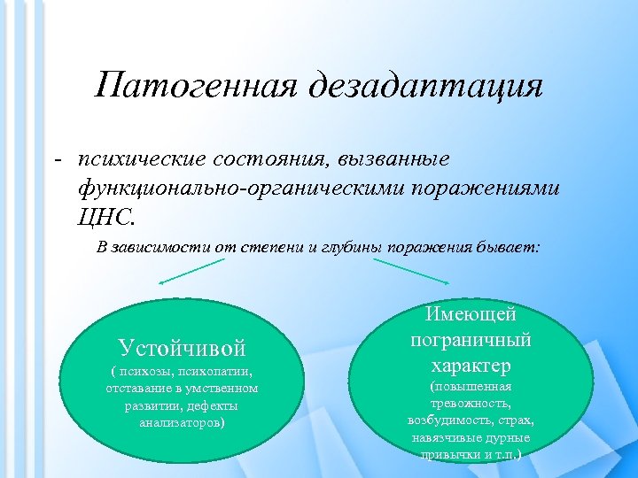 Патогенная дезадаптация - психические состояния, вызванные функционально-органическими поражениями ЦНС. В зависимости от степени и