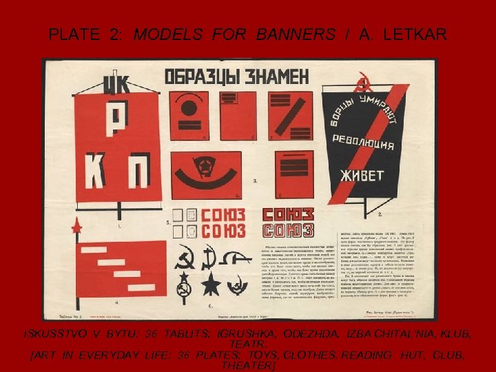 PLATE 2: MODELS FOR BANNERS / A. LETKAR ISKUSSTVO V BYTU: 36 TABLITS: IGRUSHKA,