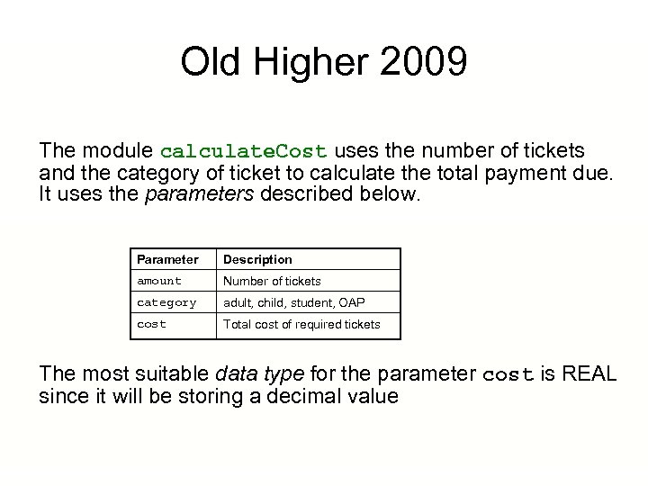Old Higher 2009 The module calculate. Cost uses the number of tickets and the