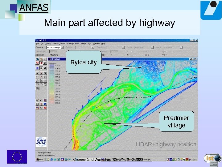 ANFAS Main part affected by highway Bytca city Predmier village LIDAR+highway position Cracow Grid