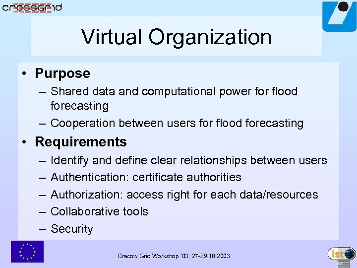 Virtual Organization • Purpose – Shared data and computational power for flood forecasting –