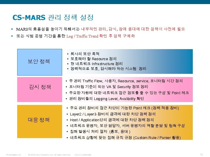 CS-MARS 관리 정책 설정 § MARS의 효용성을 높이기 위해서는 내부적인 관리, 감시, 장애 응대에