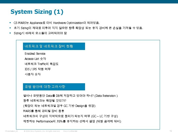 System Sizing (1) § CS-MARS는 Appliance로 이미 Hardware Optimization이 되어있음. § 초기 Sizing이 제대로