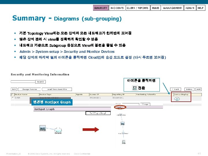 Summary - Diagrams (sub-grouping) § 기본 Topology View에는 모든 장비와 모든 네트워크가 한꺼번에 보여짐