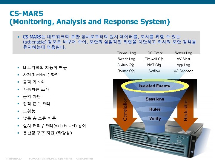 CS-MARS (Monitoring, Analysis and Response System) § CS-MARS는 네트워크와 보안 장비로부터의 원시 데이터를, 조치를