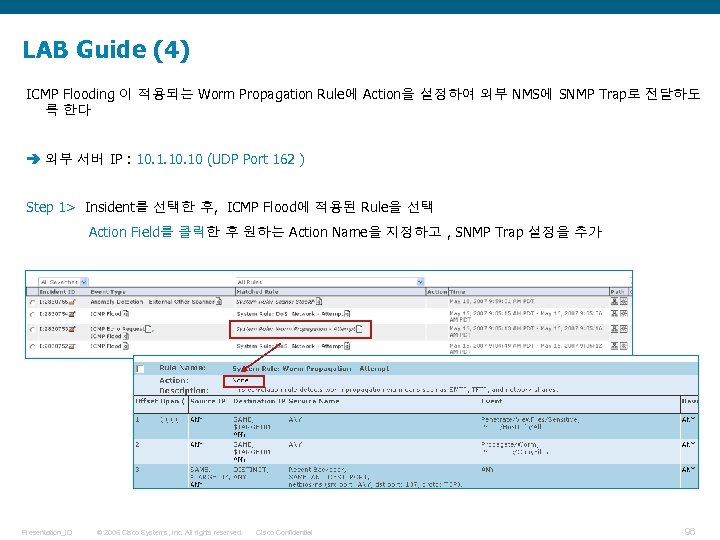 LAB Guide (4) ICMP Flooding 이 적용되는 Worm Propagation Rule에 Action을 설정하여 외부 NMS에