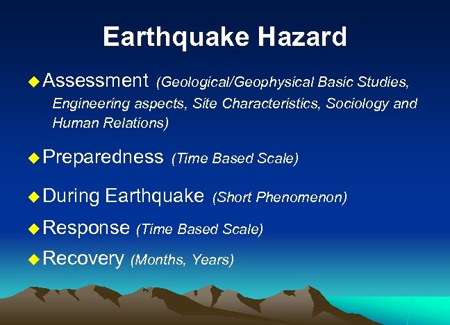 Earthquake Hazard u Assessment (Geological/Geophysical Basic Studies, Engineering aspects, Site Characteristics, Sociology and Human