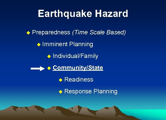 Earthquake Hazard u Preparedness (Time Scale Based) u Imminent Planning u Individual/Family u Community/State