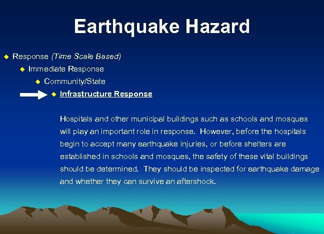 Earthquake Hazard u Response (Time Scale Based) u Immediate Response u Community/State u Infrastructure