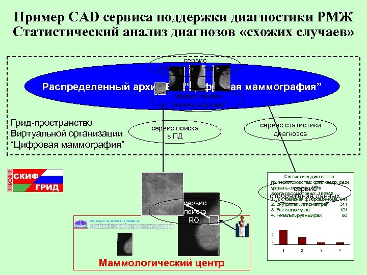 Пример CAD cервиса поддержки диагностики РМЖ Статистический анализ диагнозов «схожих случаев» сервис DICOM Grid