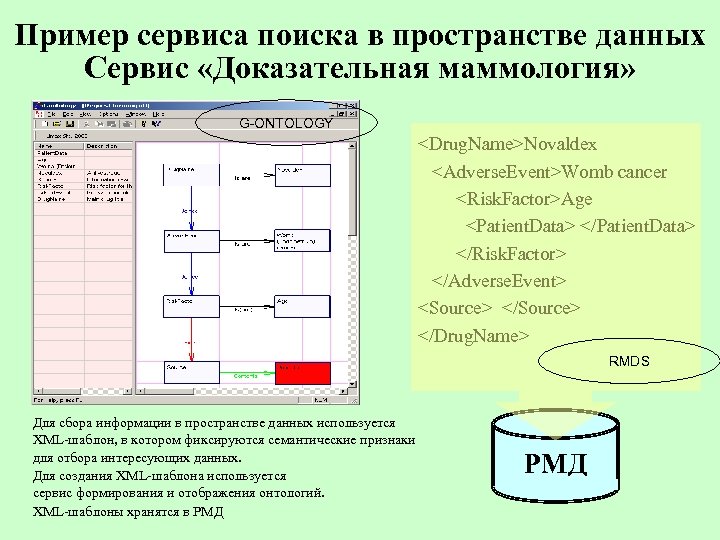 Пример cервиса поиска в пространстве данных Сервис «Доказательная маммология» G-ONTOLOGY <Drug. Name>Novaldex <Adverse. Event>Womb