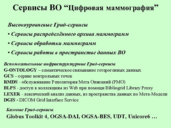 Сервисы ВО “Цифровая маммография” Высокоуровневые Грид-сервисы • Сервисы распределённого архива маммограмм • Сервисы обработки