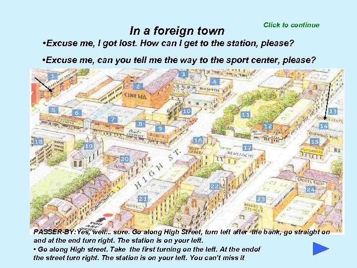 In a foreign town Click to continue • Excuse me, I got lost. How