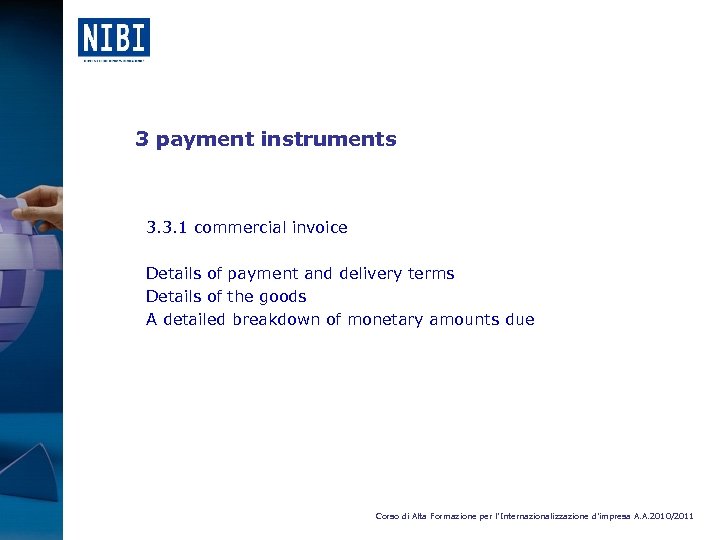 3 payment instruments 3. 3. 1 commercial invoice Details of payment and delivery terms